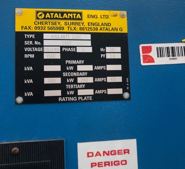 300 Kva Perkins/Atalanta open type diesel generator.  Engine: Perkins 2006-TWG2