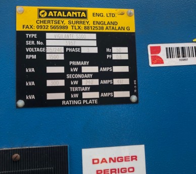 300 Kva Perkins/Atalanta open type diesel generator.  Engine: Perkins 2006-TWG2