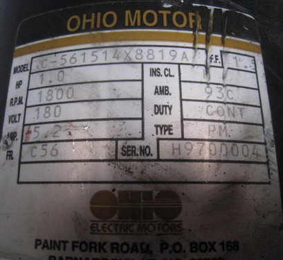 1.1HP Ohio Motor DC Motor, Model: C-561 514 X 8819 A 